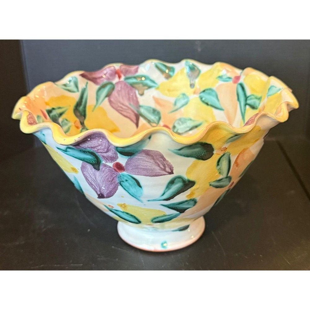Studio Art Pottery Bowl Multi Color Hand Painted Ruffled Floral Signed 2003